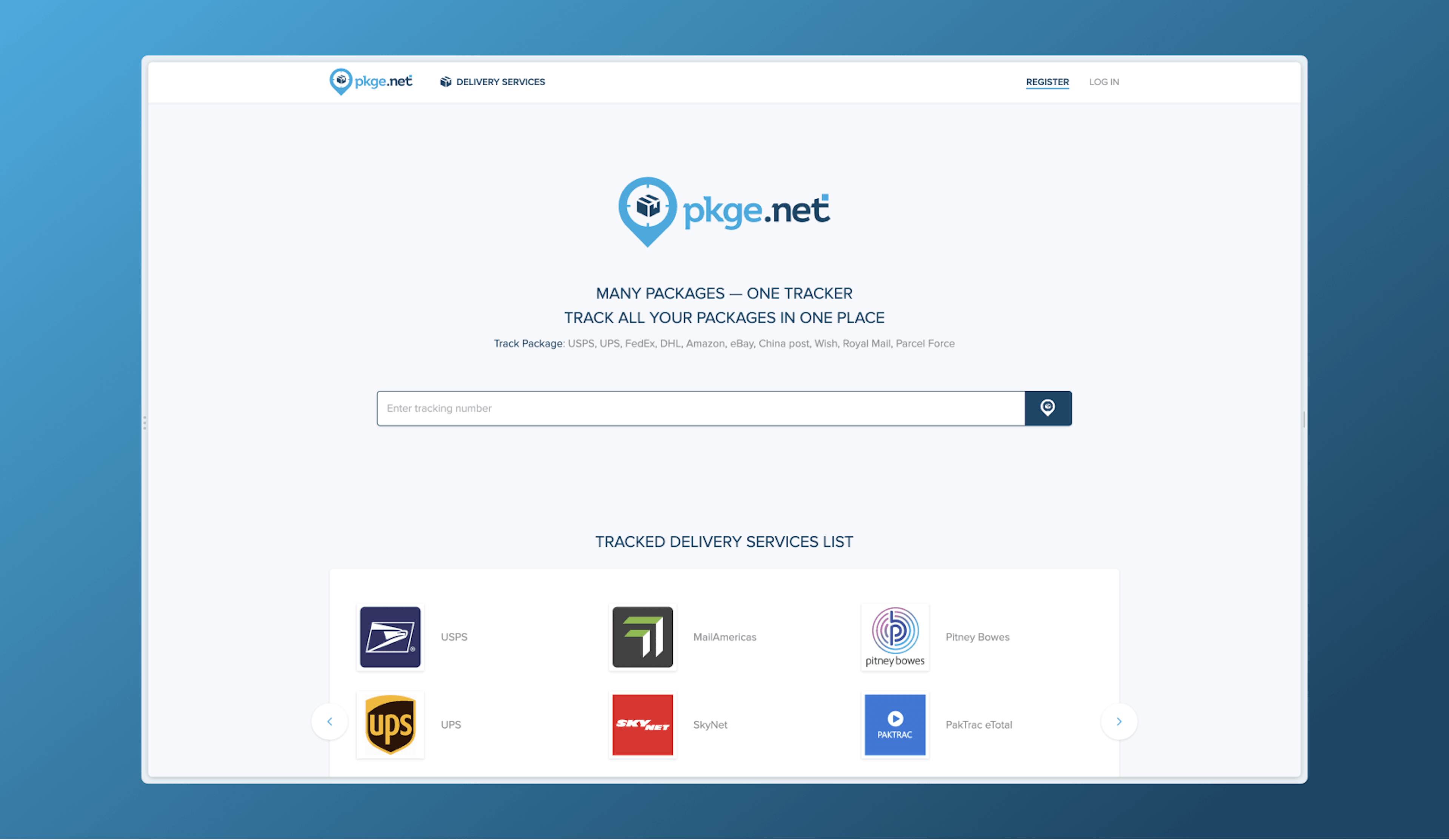 Pkge.net website homepage