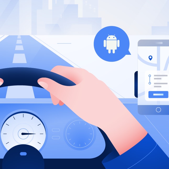 Illustration of a person driving with a smartphone navigation app, indicating Android compatibility