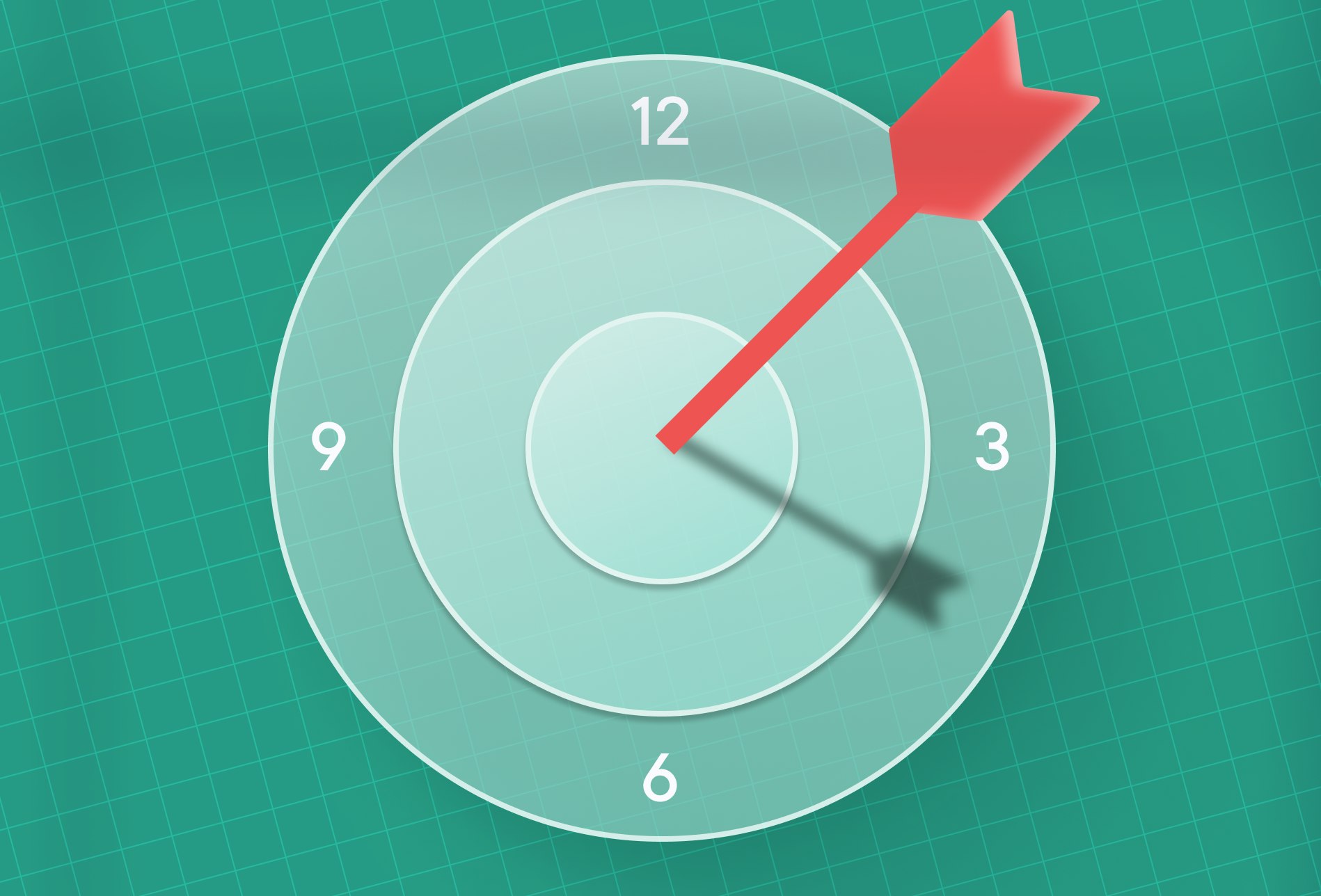 How to save time by optimizing your route: A target which doubles as a clock, with the arrow and the arrow's shadow acting as the hands of the clock.