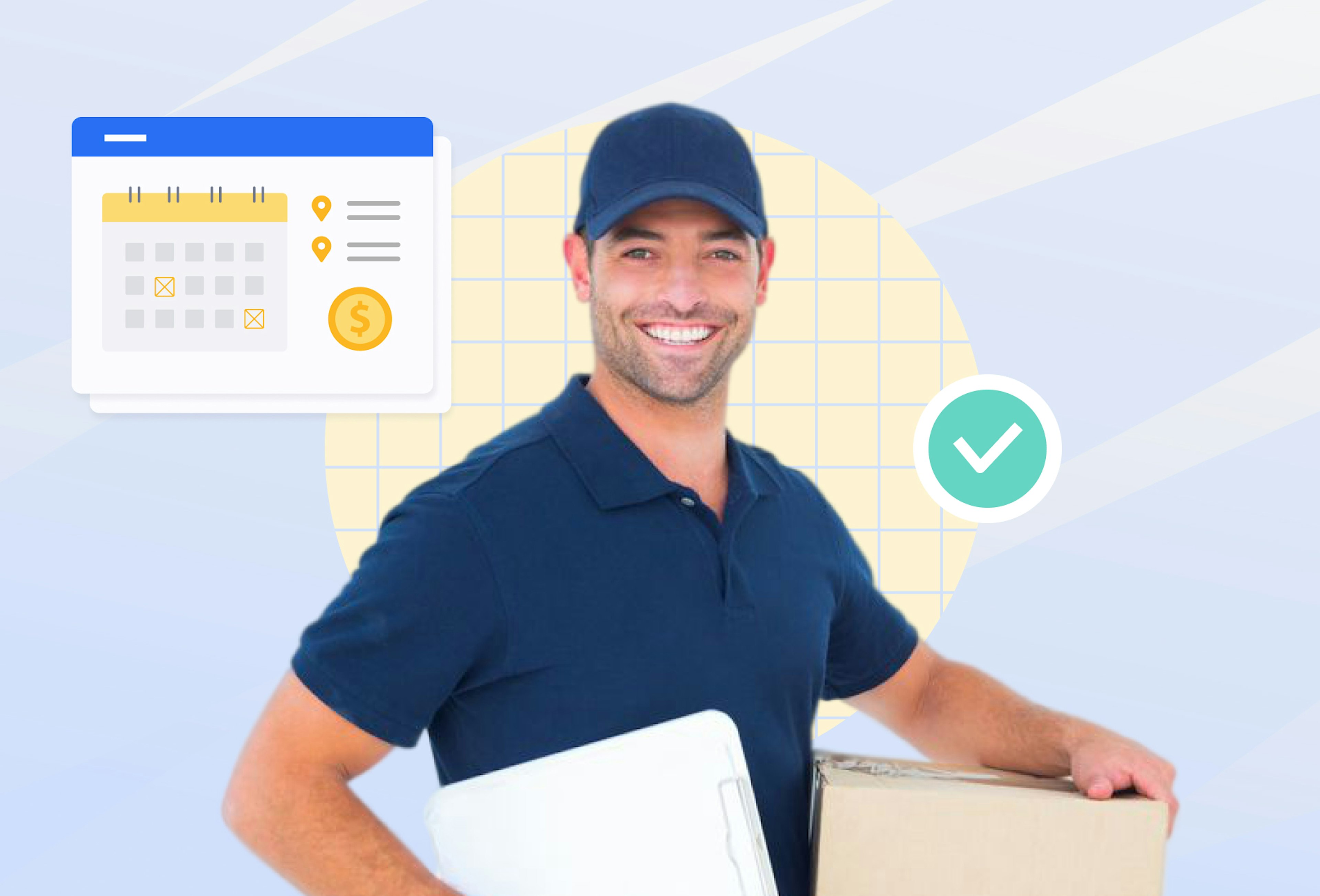 Mid-body shot of a delivery driver in a blue t-shirt and cap carrying a document and a cardboard box. To his left is a calendar with no date shown.