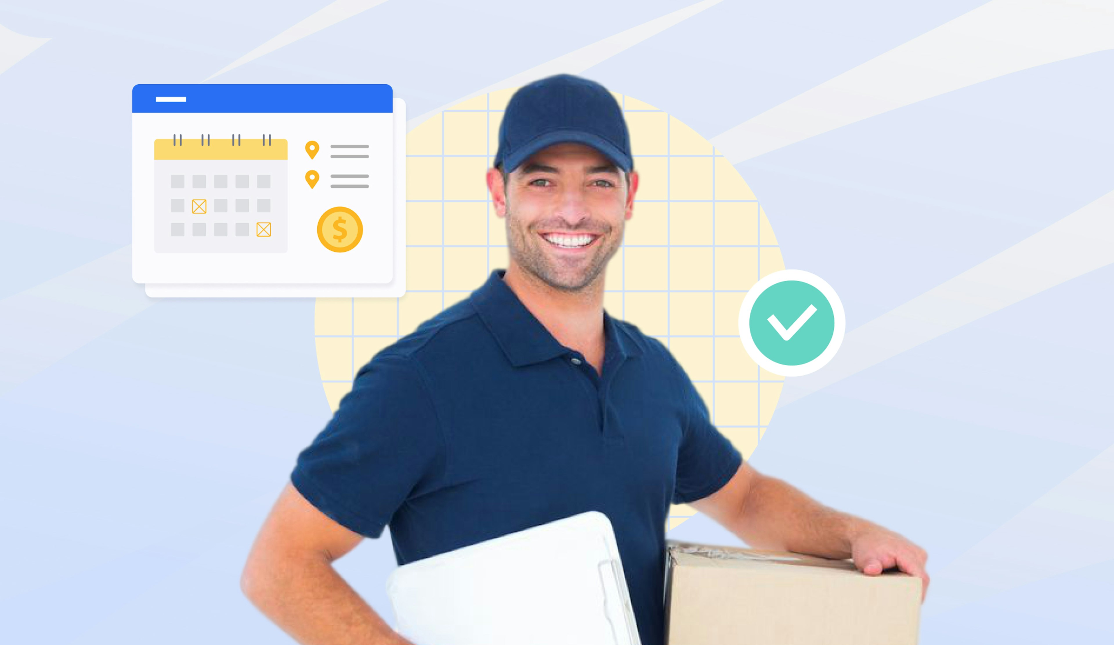 Mid-body shot of a delivery driver in a blue t-shirt and cap carrying a document and a cardboard box. To his left is a calendar with no date shown.