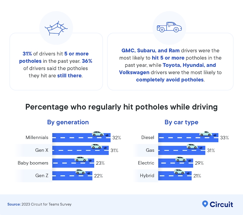 percentage who regularly hit potholes while driving, and car types most and least likely to hit potholes