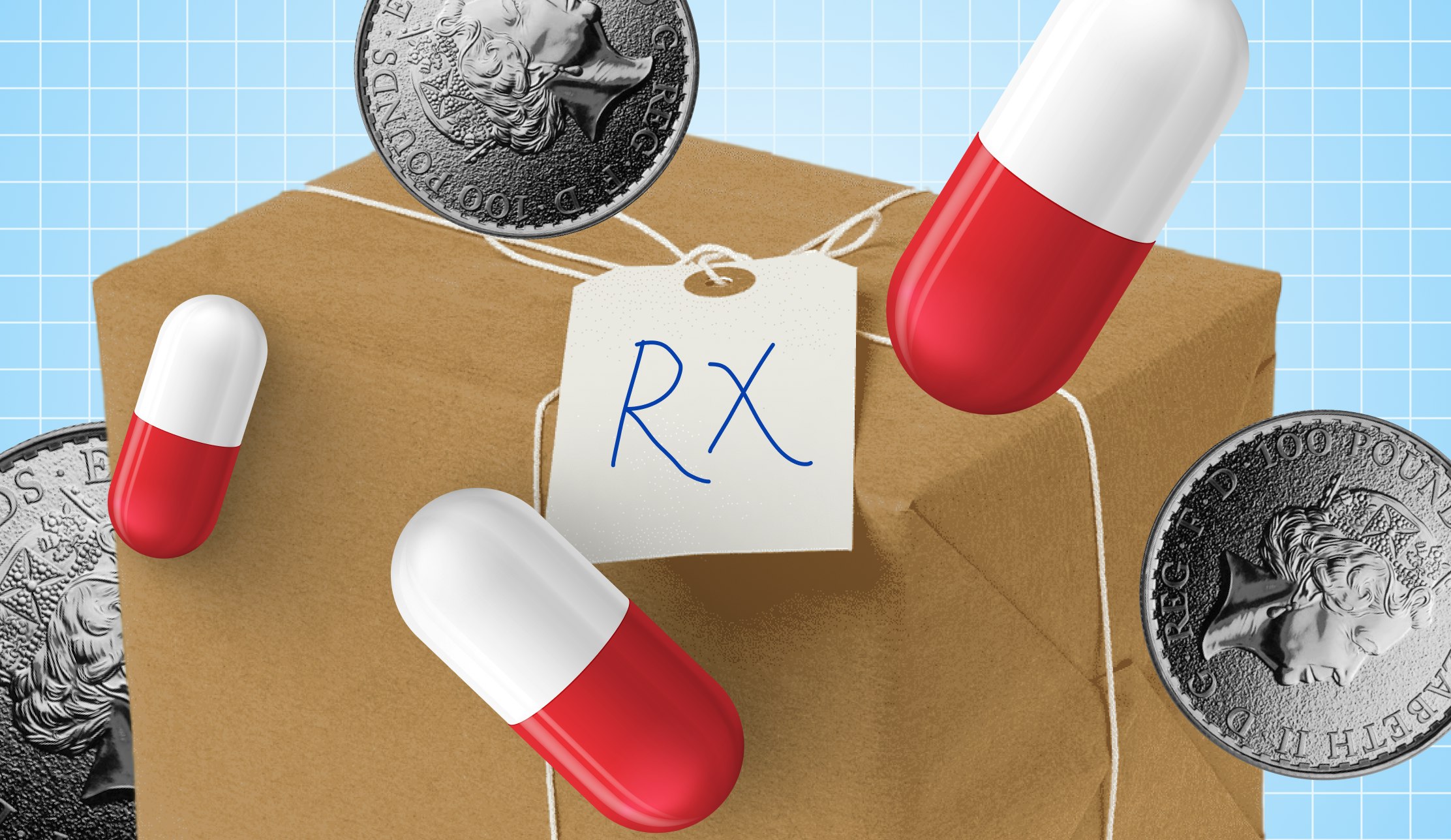 A parcel with a label that says "Rx". Medication pills and coins are floating around it.