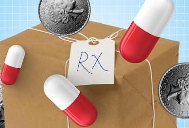 A pharmacy delivery package with medication and a prescription label