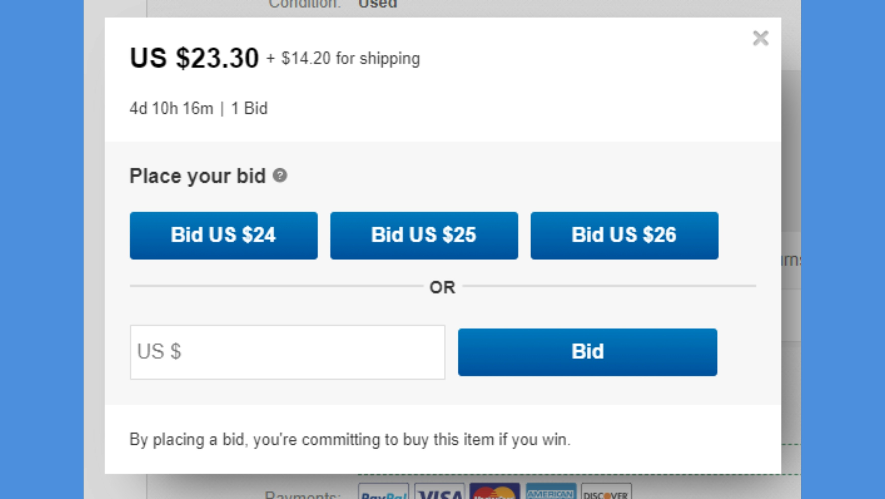 eBay automatic bidding feature dialogue box with three bidding amounts as buttons. The user interface of eBay is visible in the background.