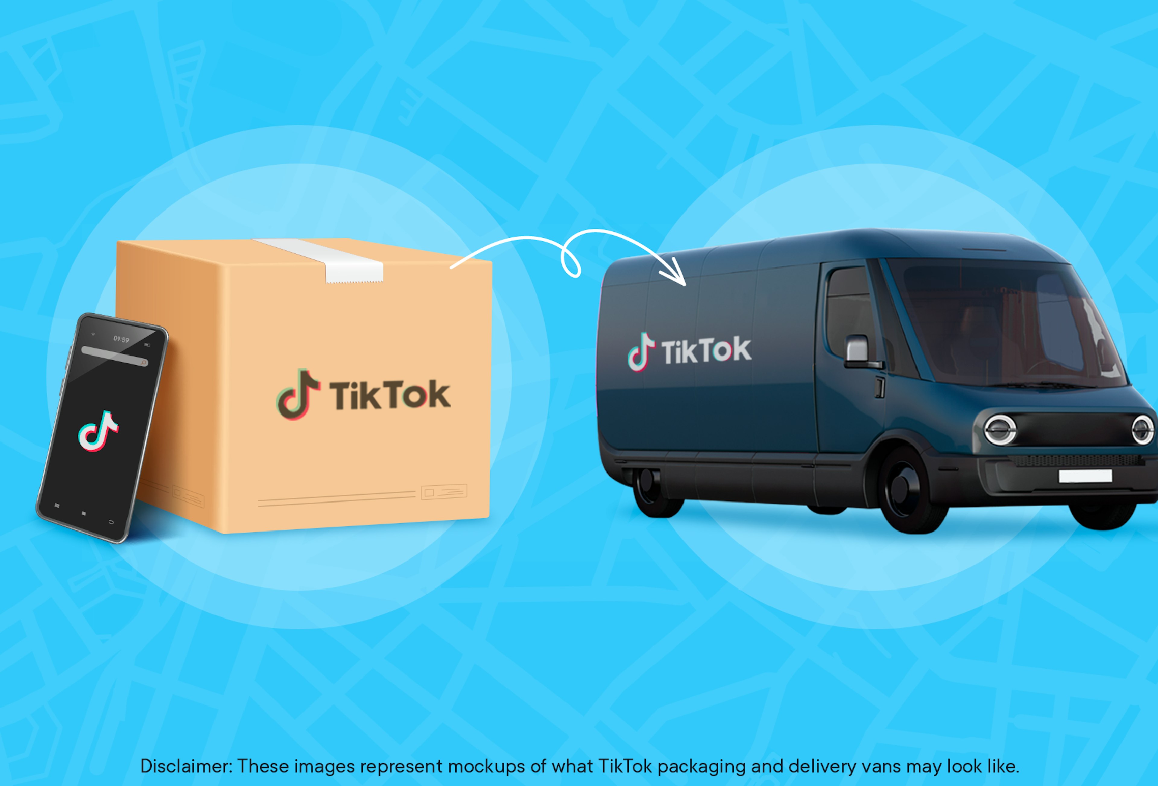 Mockups of possible TikTok Shop delivery vans and packaging