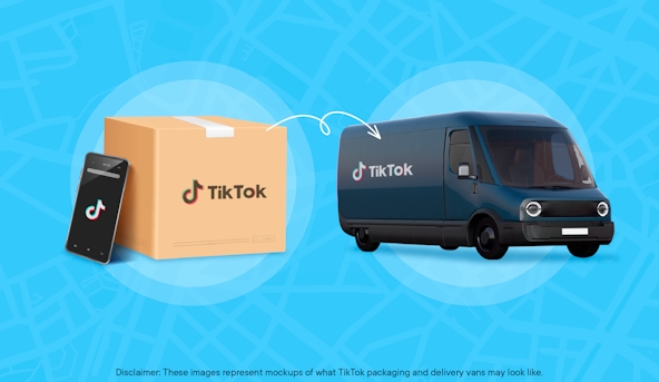 Mockups of possible TikTok Shop delivery vans and packaging