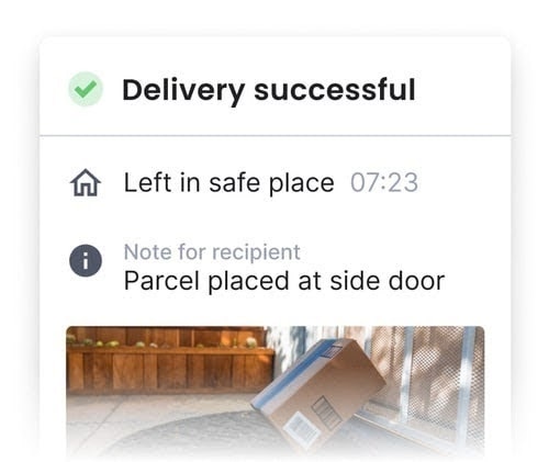 Proof of Delivery: Delivery Successful, Left in safe place 07:23; Note for recipient: Parcel placed at side door [POD photo attached]