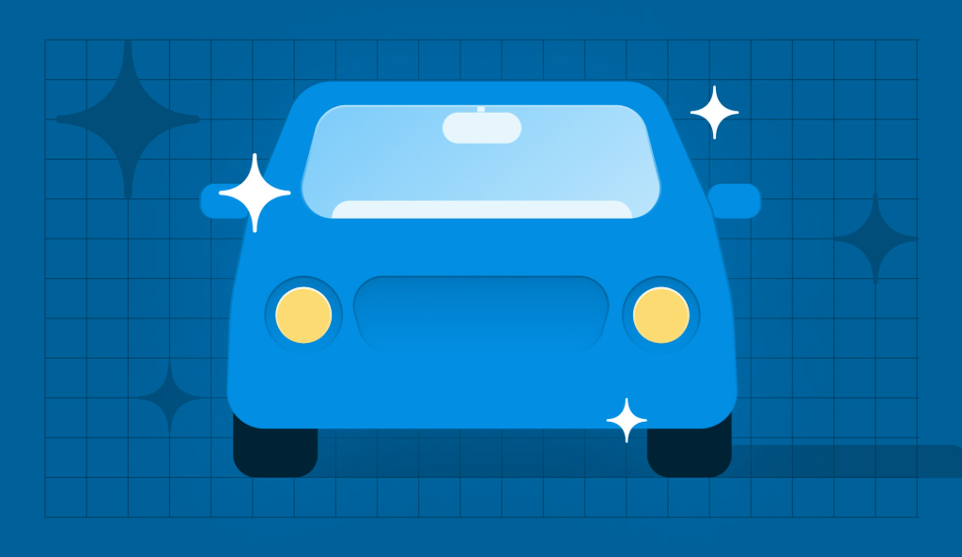 Reduce fuel costs: front of blue car with headlights on