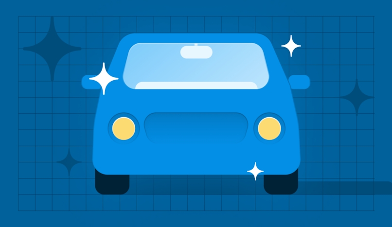 Reduce fuel costs: front of blue car with headlights on