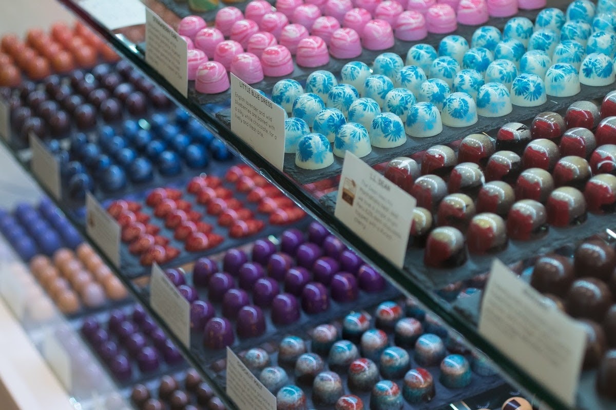 Image of assorted chocolate truffles in glass display
