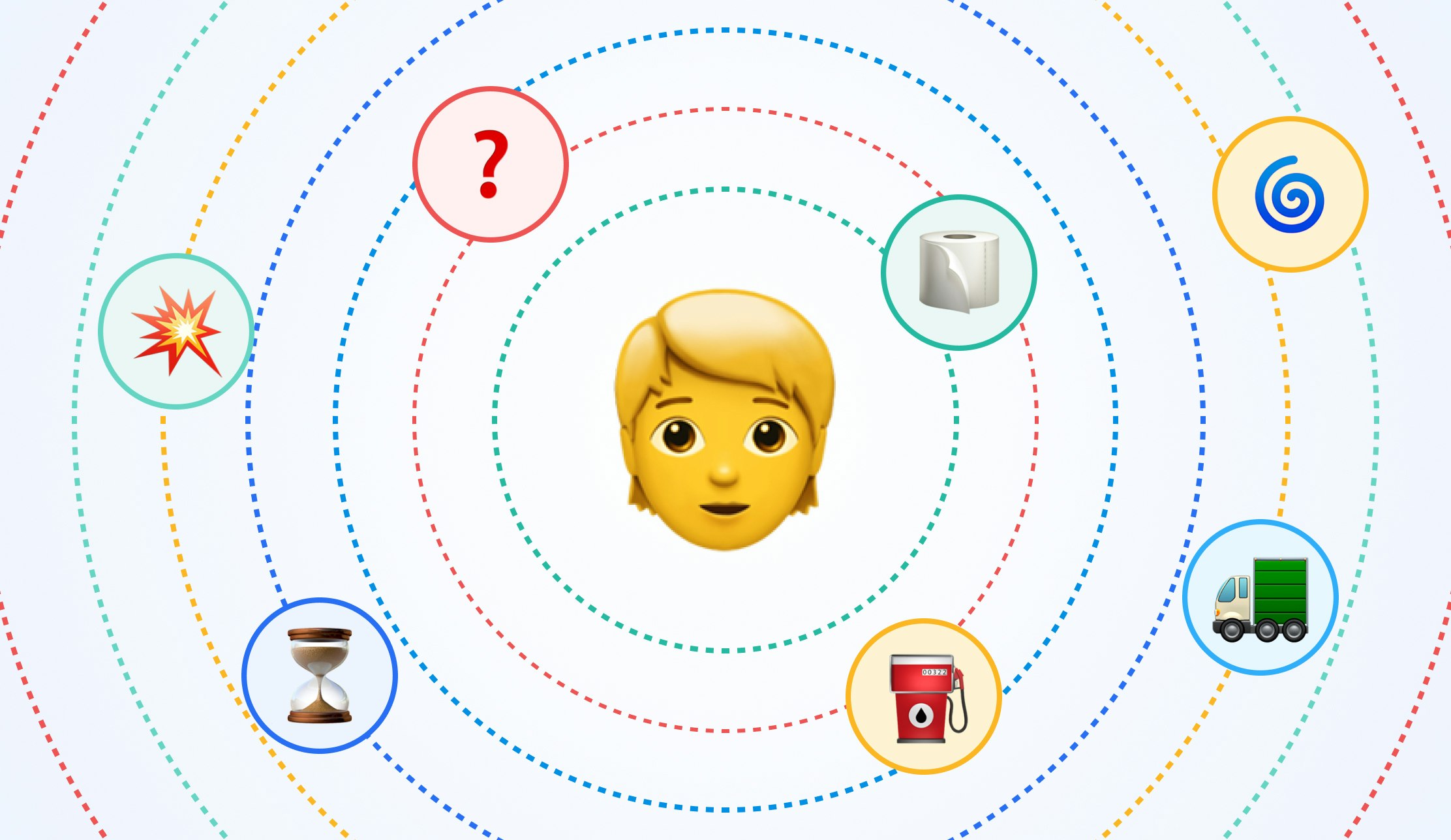 7 problems faced by couriers: Emoji girl face with circles and icons around it