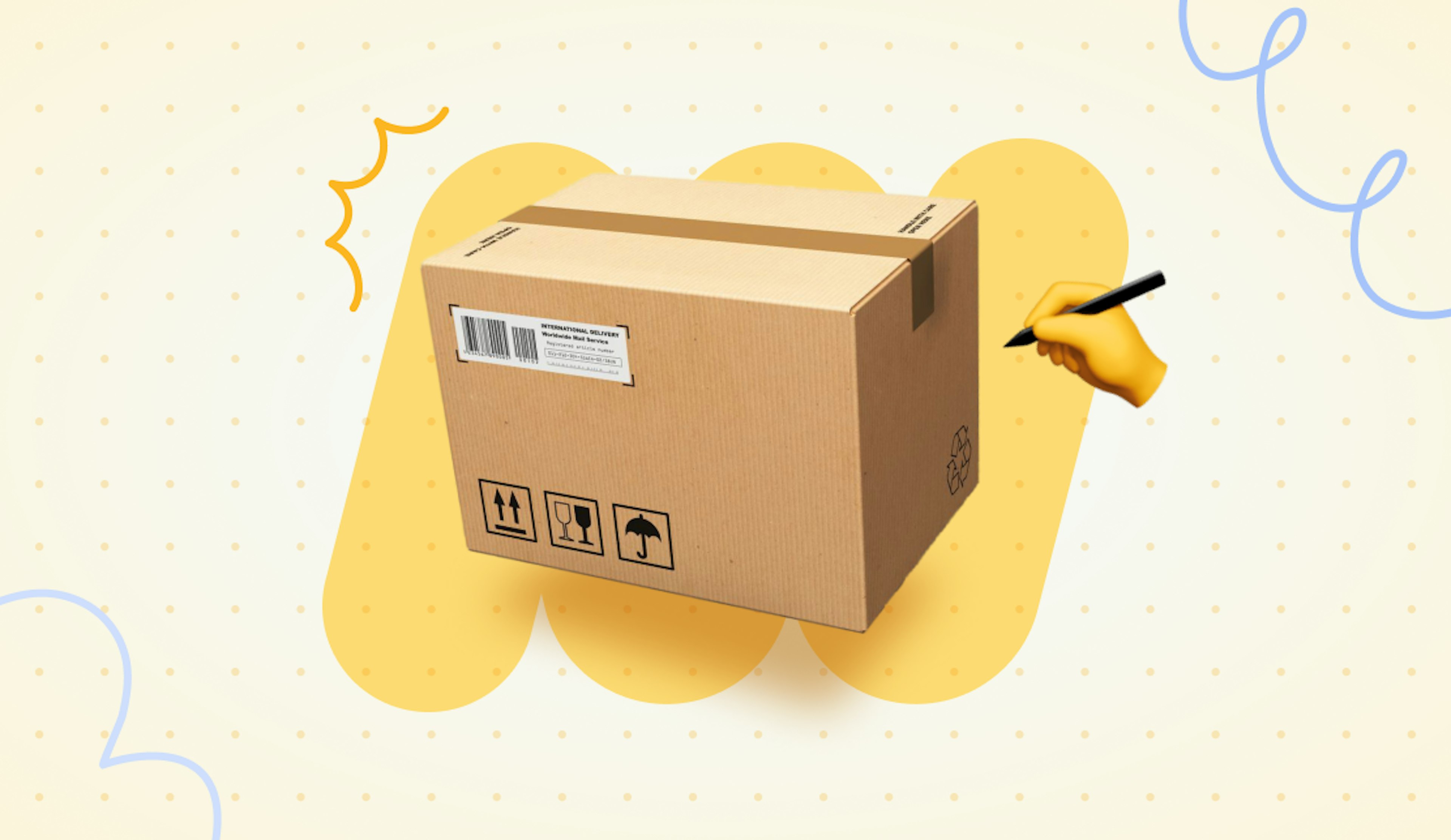 What is a packing slip? Cardboard box being written on by an emoji hand holding a pen