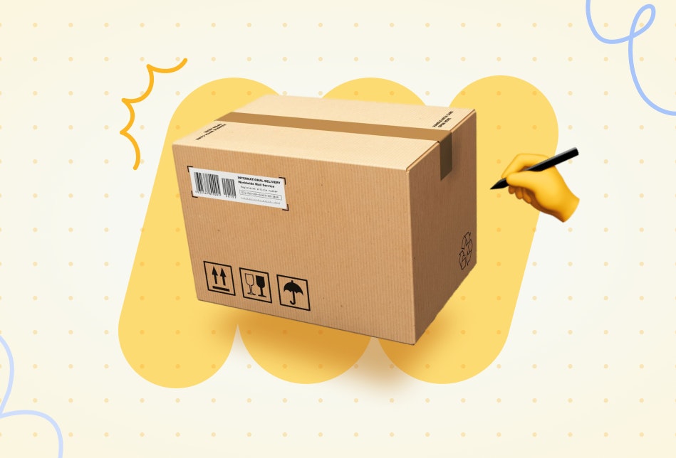 What is a packing slip? Cardboard box being written on by an emoji hand holding a pen