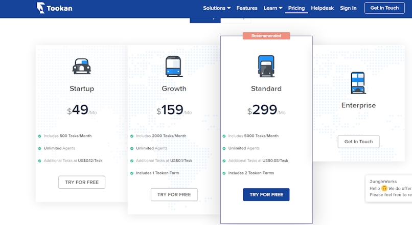 Image shows Tookan's pricing page, highlighting the standard package at $299 per month.