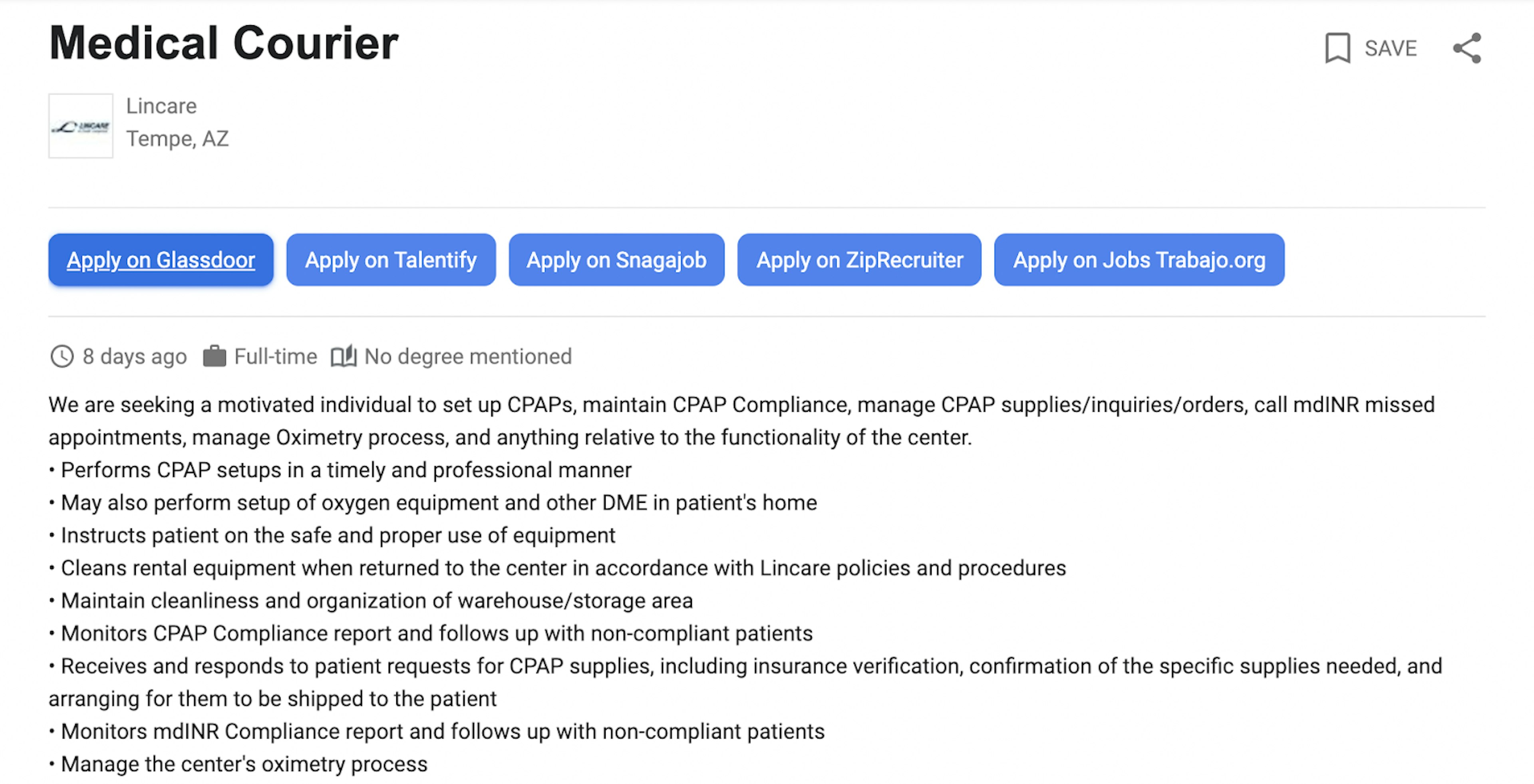 An example of a job ad for a medical courier driver on Glassdoor