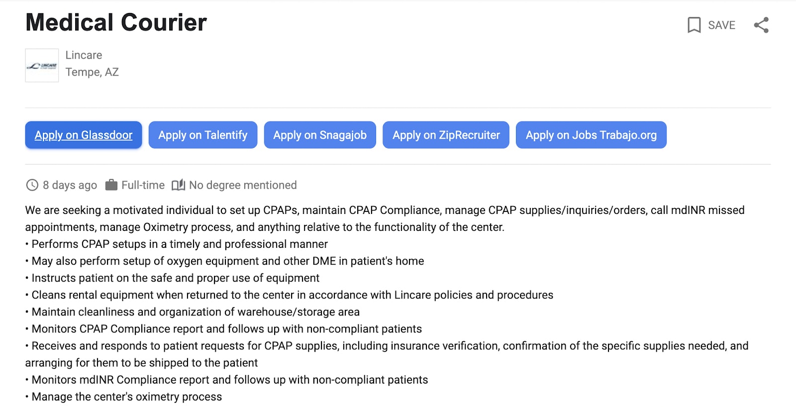 An example of a job ad for a medical courier driver on Glassdoor