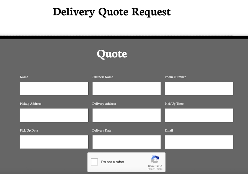 Example of contact form that includes name, contact info, delivery dates, etc.