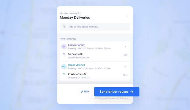 Circuit for Teams web app close-up of creating and adding a driver route