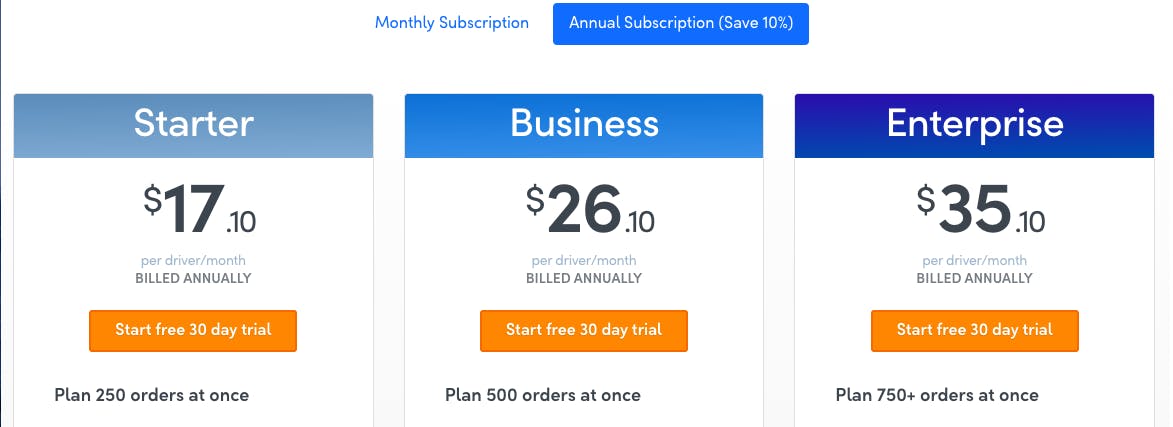 OptimoRoute Pricing: Starter (&#36;17.10/month), Business (&#36;26.10/month), Enterprise (&#36;35.10/month)