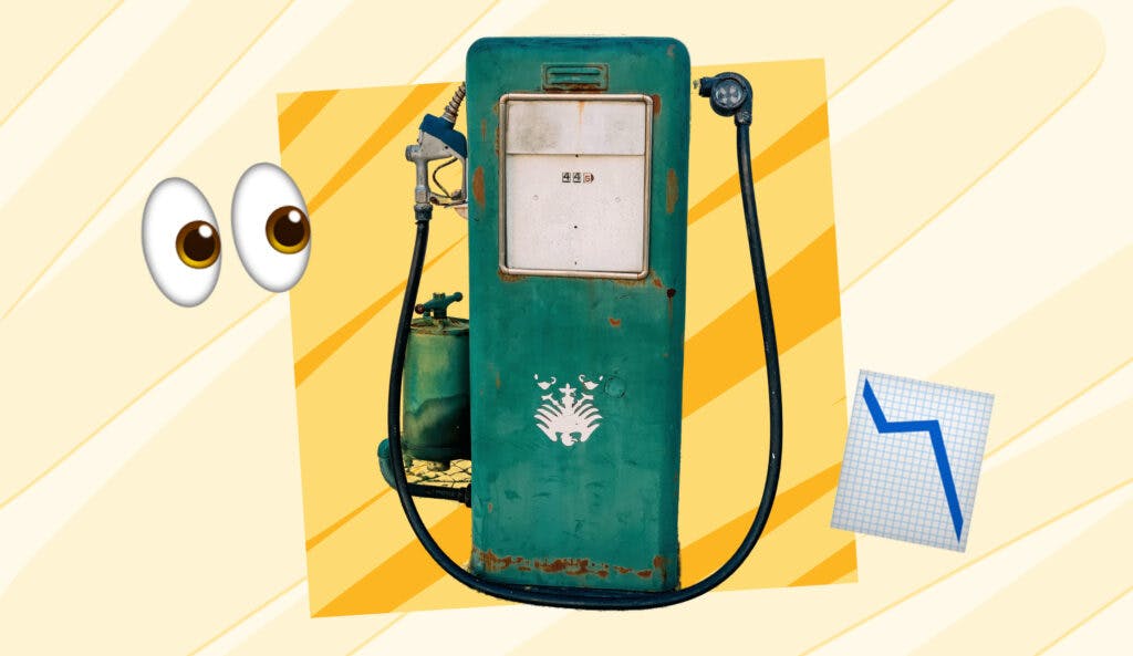 Driving trends: A gas pump with an icon of eyes looking at it, and a downward trend graph