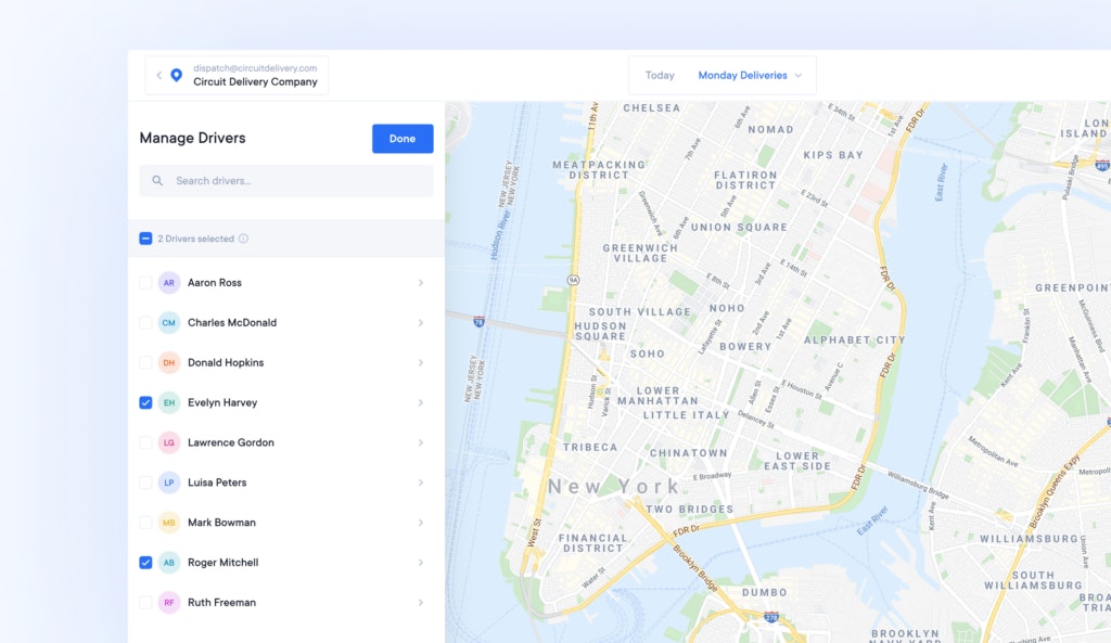 How to Manage Delivery Drivers: Circuit for Teams web app with a map and drivers added