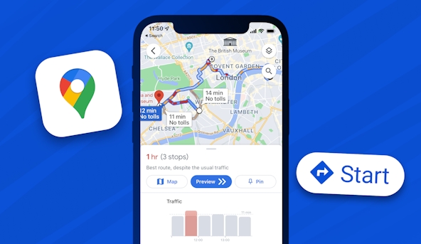 Phone with Google Maps open, between an icon of Google Maps and a Start Route button.