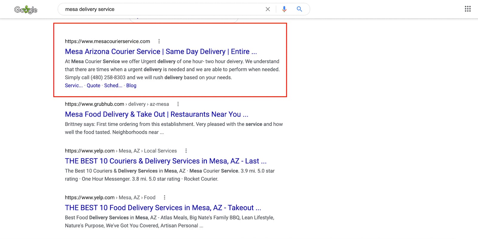 Screenshot shows example of Google results showing matching keywords to the search