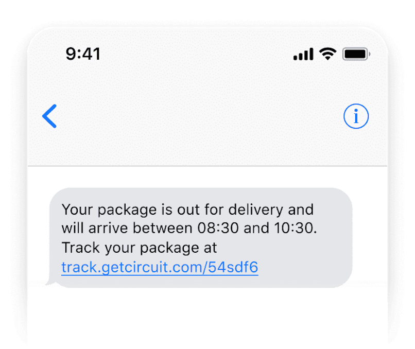 Delivery notification text message example: "Your package is out for delivery and will arrive between 08:30 and 10:30. Track your package here."