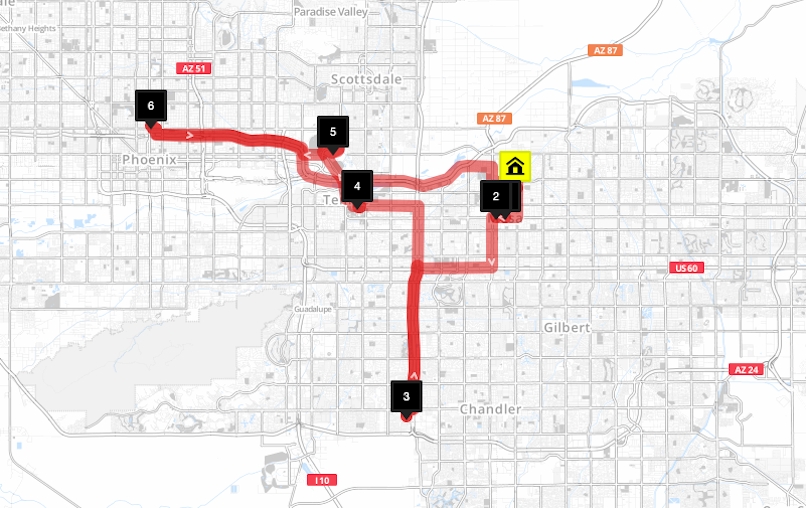 A sample of what the RouteXL platform looks like with mapped out stops.