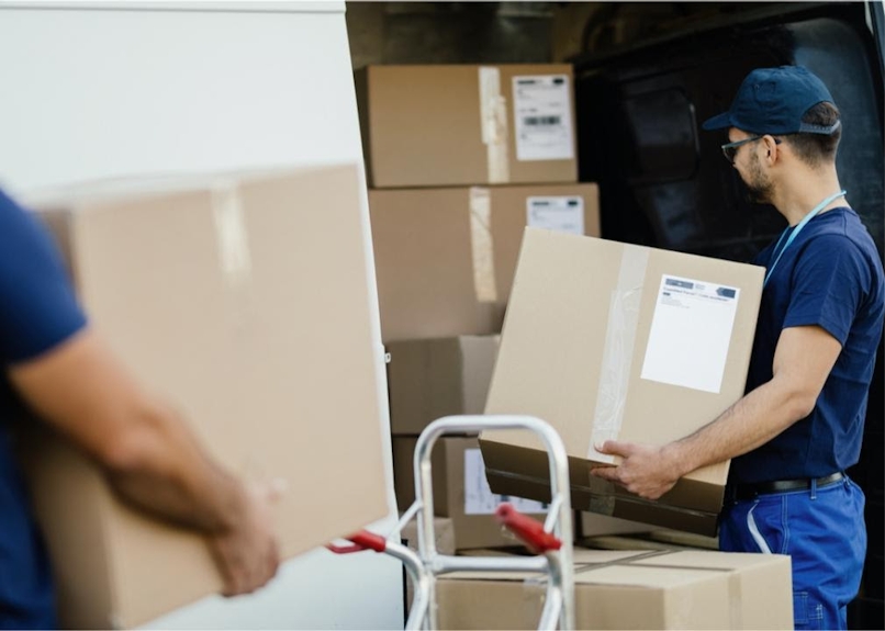 A man is grabbing a box out of a delivery truck.