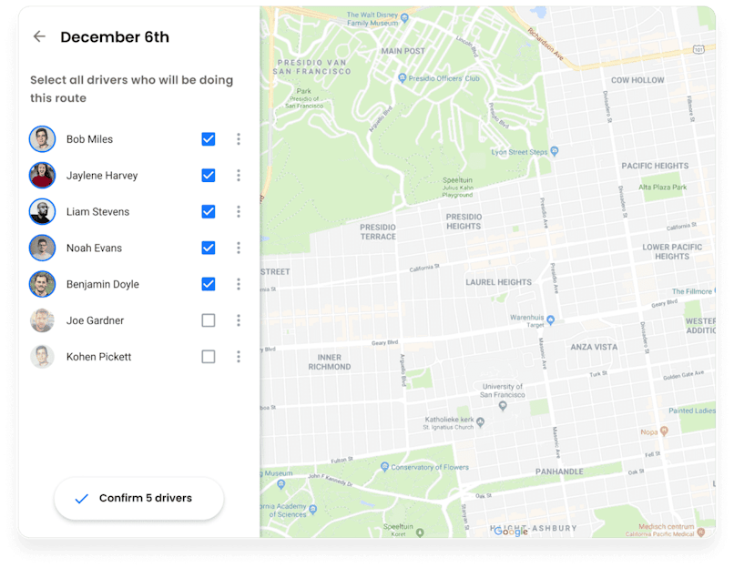 Option to select available drivers.