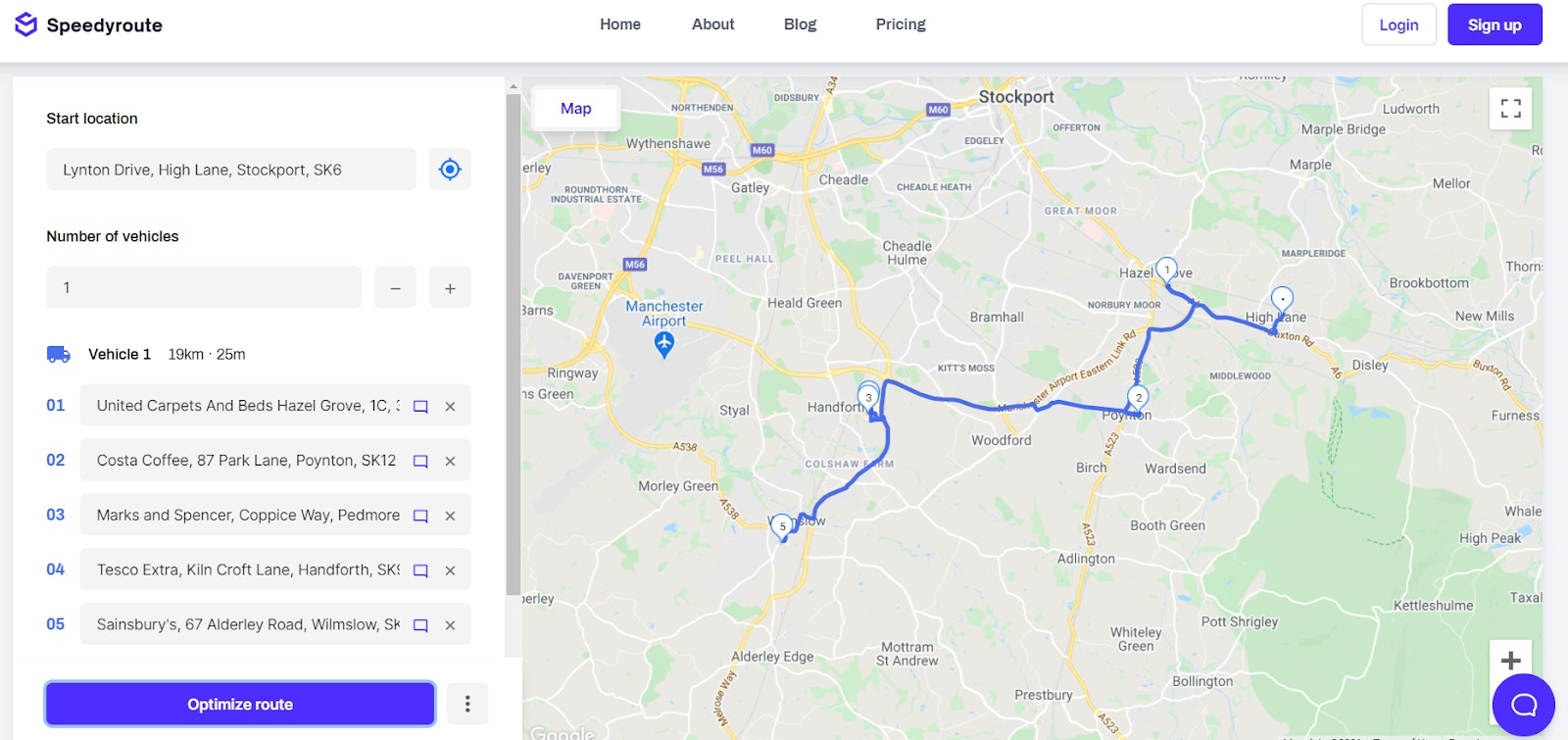 Sample image of the Speedy Route app showing a route with five delivery points on a map. 