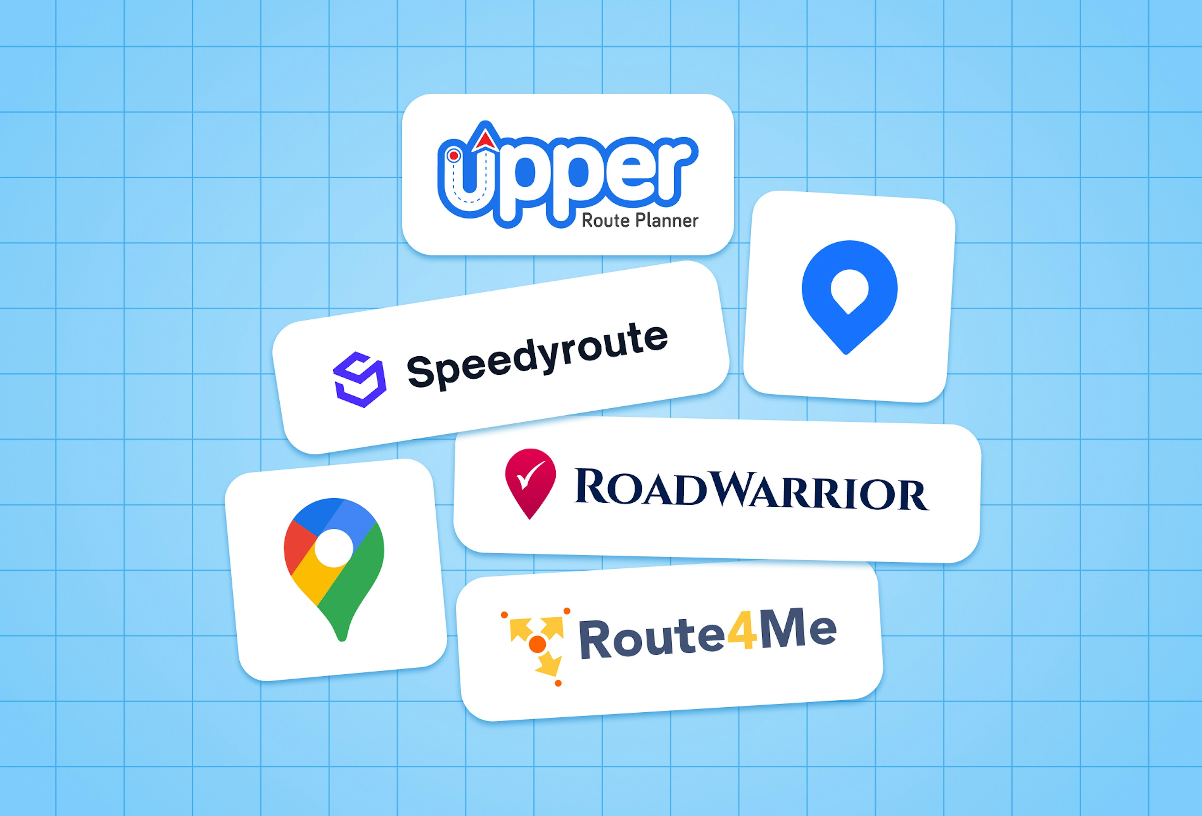 Logos for Circuit Route Planner, Upper Solo, Speedyroute, RoadWarrior, Google Maps, and Route4Me