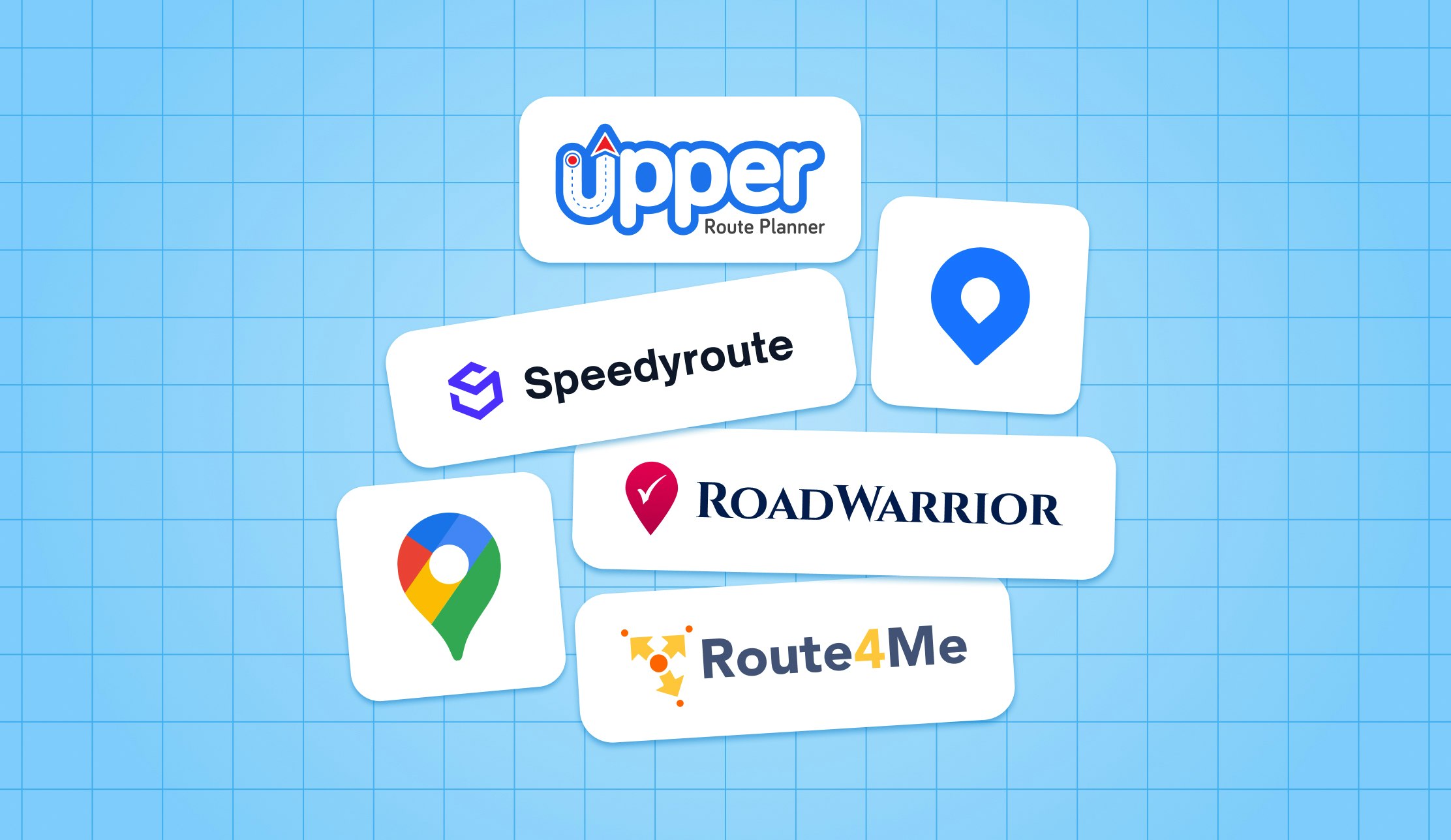Logos for Circuit Route Planner, Upper Solo, Speedyroute, RoadWarrior, Google Maps, and Route4Me