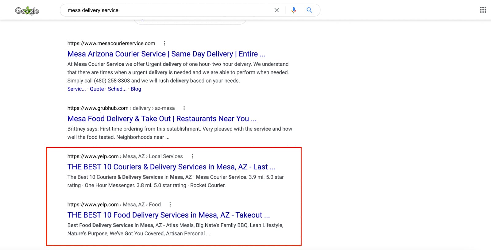 Screenshot shows 'mesa delivery service'  Google search with Yelp results showing up as the 3rd and 4th listings. 