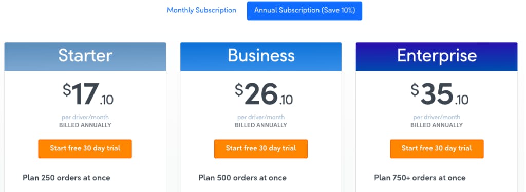 OptimoRoute Pricing: $17.10/month for the Starter plan, $26.10/month for the Business plan, $35.10/month for the Enterprise plan.