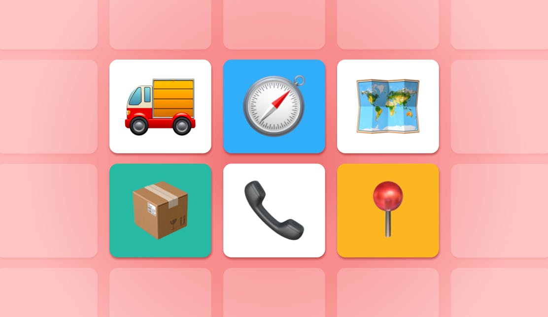 Truck, compass, map, box, phone, and pin icons