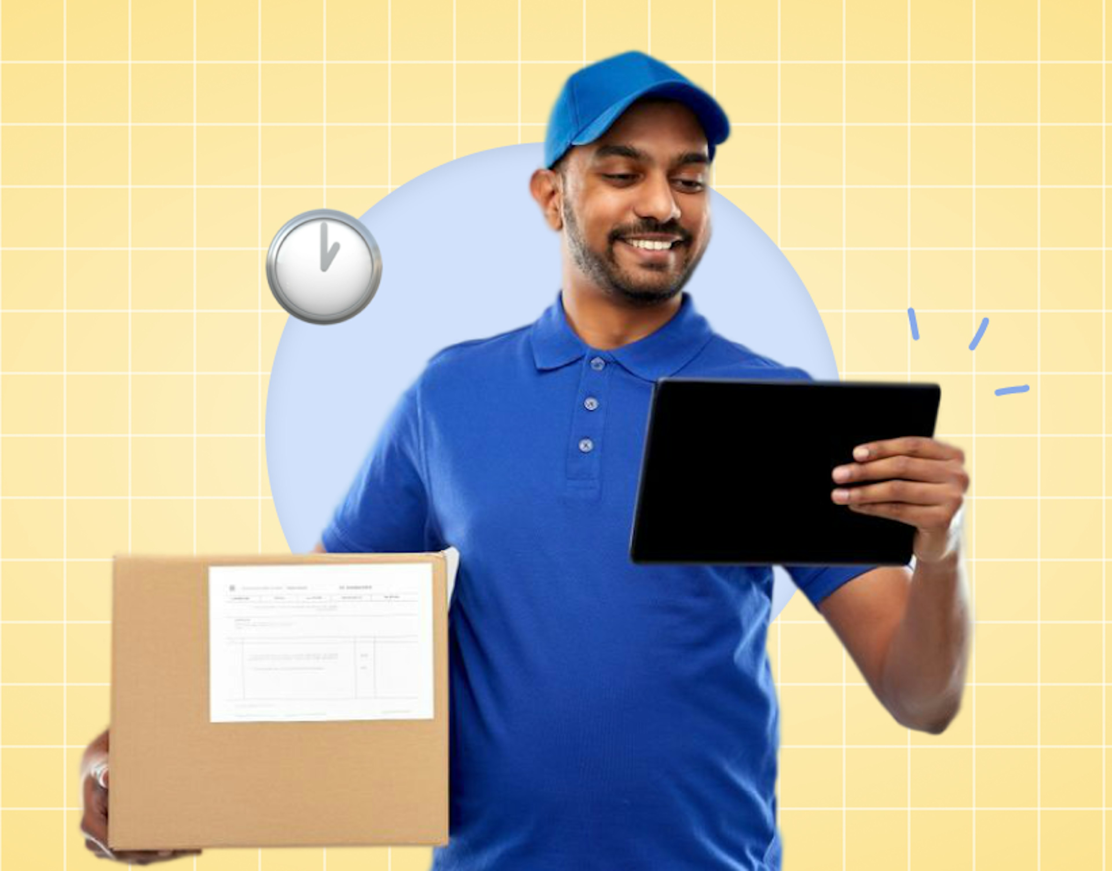 Top half of a male delivery driver in a blue top, holding a tablet device on his left hand, and a cardboard box in his left hand