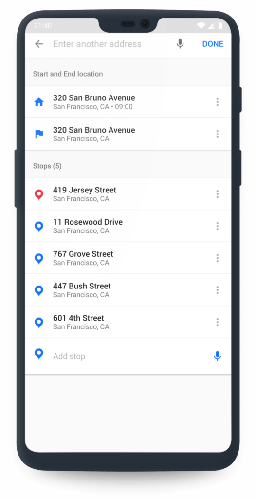 A screenshot of an iPhone within the Circuit app adding addresses and stops for the day in San Francisco.