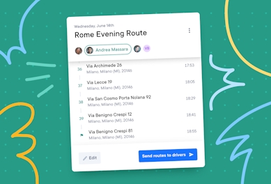 A list of stops for a route named "Rome Evening Route", showing the delivery routes of multiple drivers