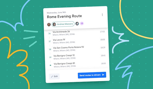 A list of stops for a route named "Rome Evening Route", showing the delivery routes of multiple drivers