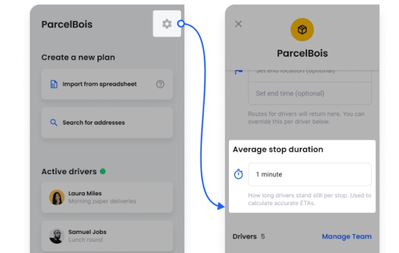Customize your route times by adding your average stop duration (1 minute, 2 minutes, etc.)