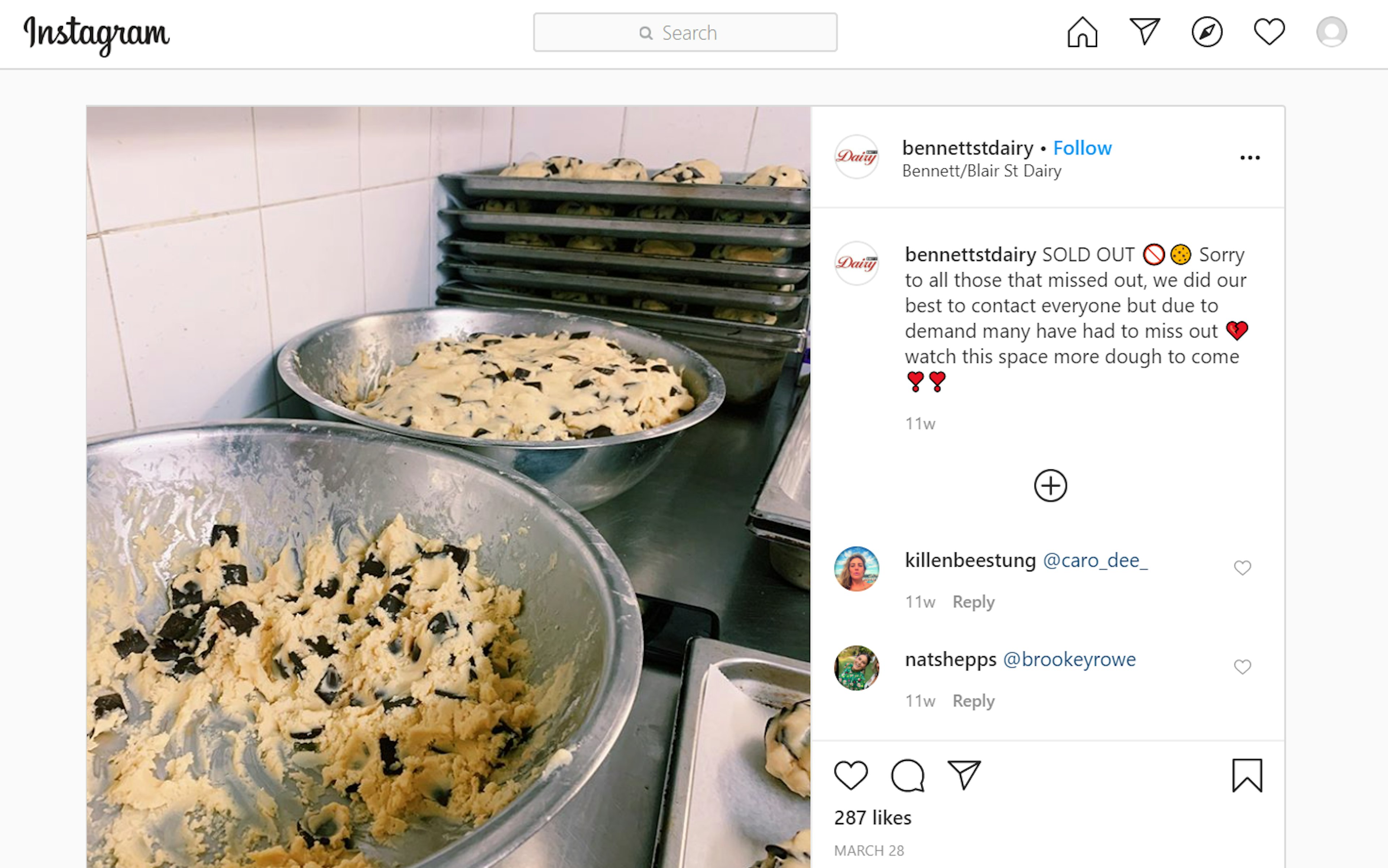 In-House Cookie Dough Delivery: One Café’s Answer to COVID-19 Lockdowns: Instagram post of cookie dough