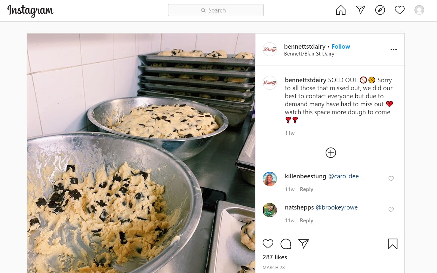 In-House Cookie Dough Delivery: One Café’s Answer to COVID-19 Lockdowns: Instagram post of cookie dough