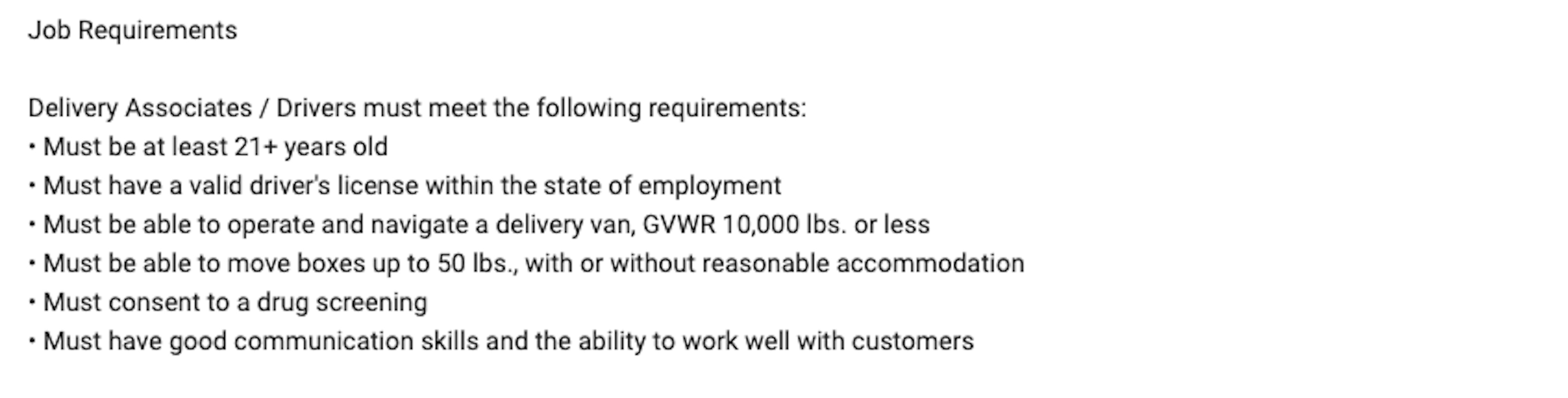 Amazon's job board listing covering job requirements.
