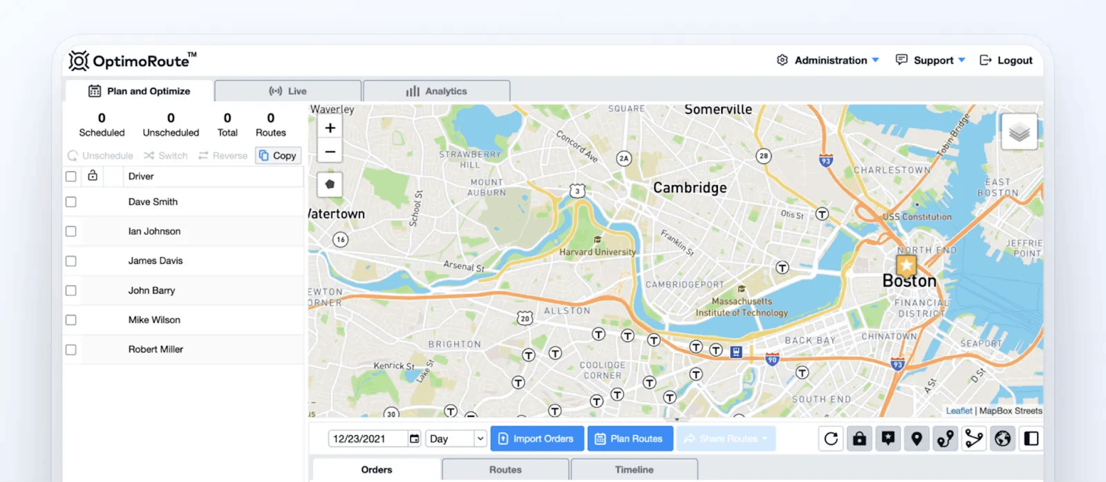 Route planning software interface with map and driver scheduling