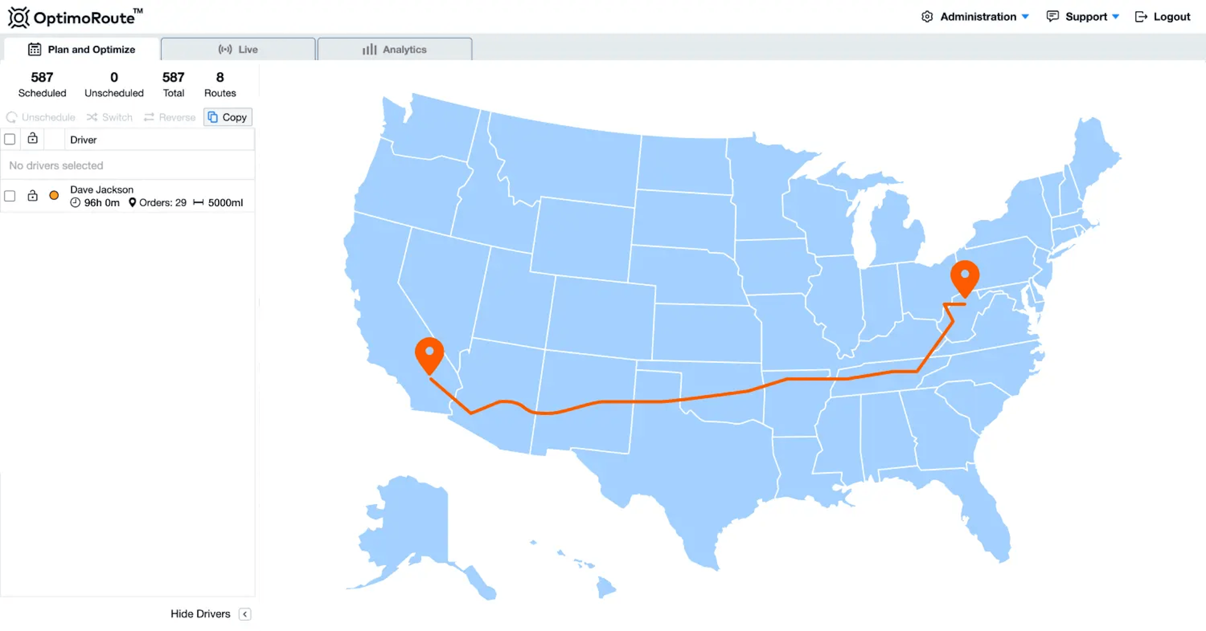 Route optimization map showing path across the USA