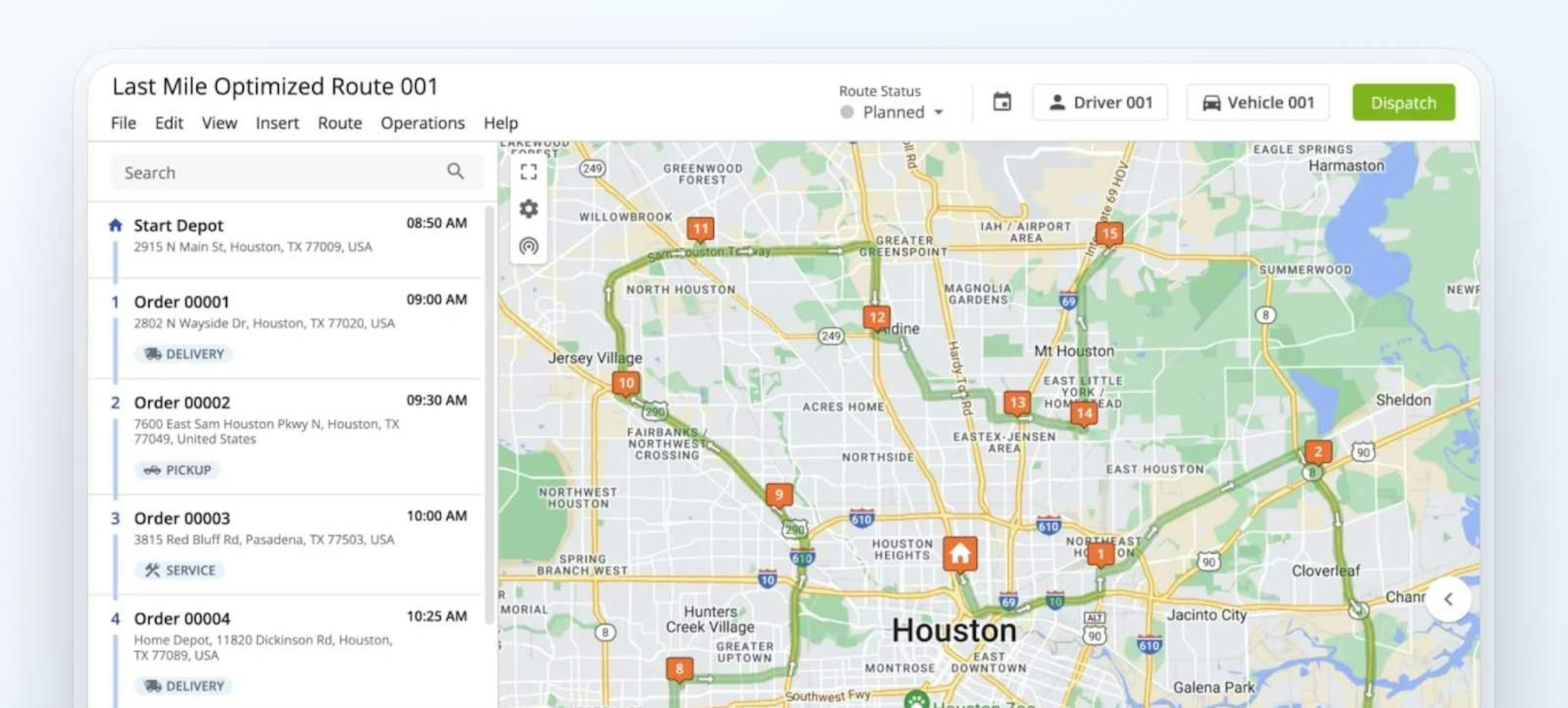 Map view of optimized delivery route with stops and timings in Houston