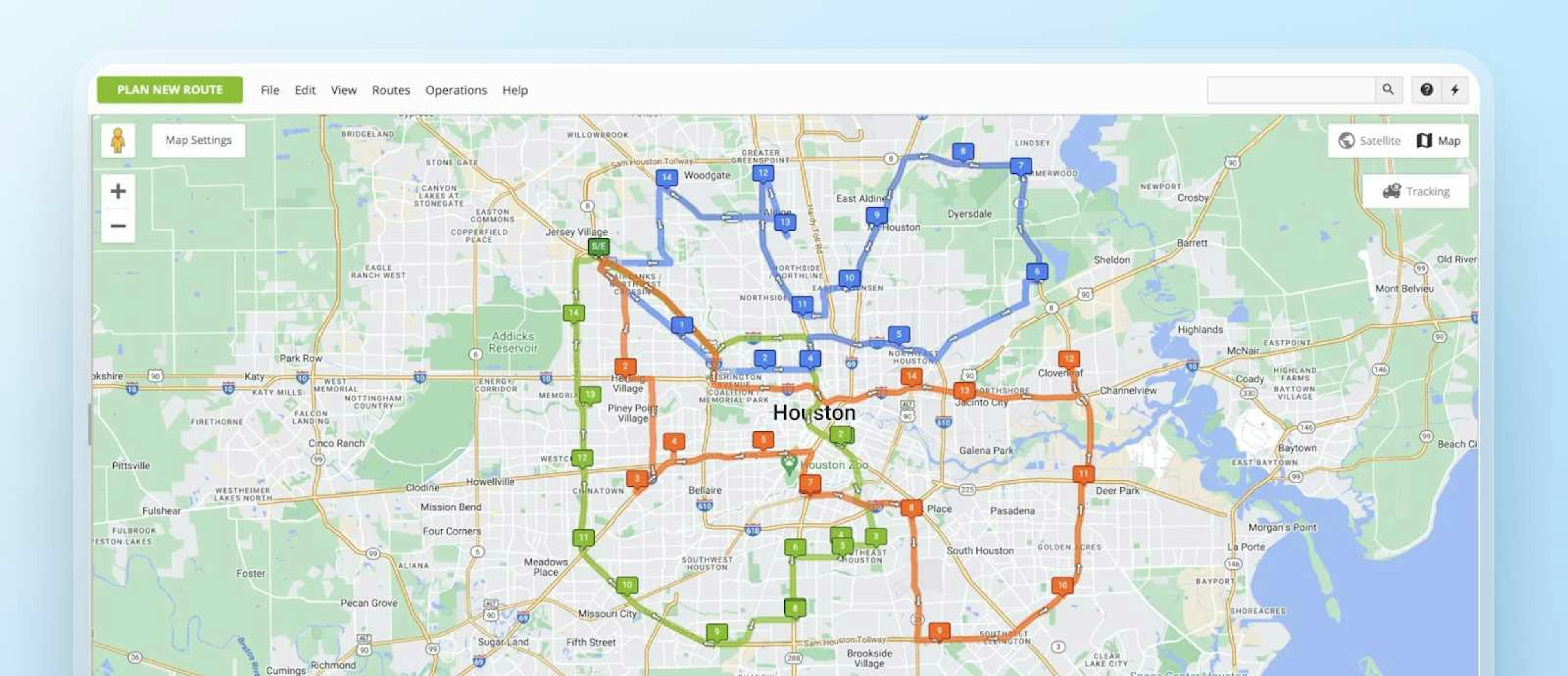 Map showing multiple optimized delivery routes across Houston area